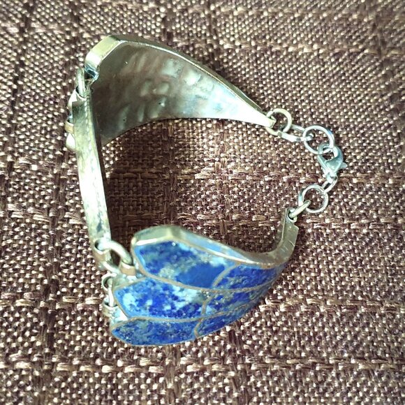 7'' Rare  Bold Vintage Afghan Lapis Lazuli Inlay Silver Tone Bracelet - Picture 6 of 11